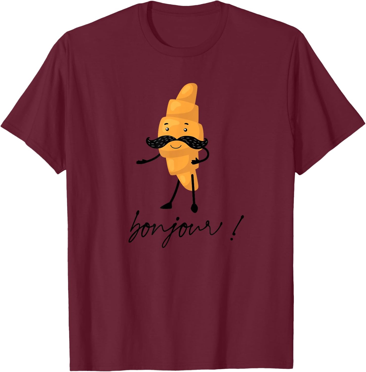 Bonjour Cute Croissant With Mustache Funny France Girls Trip T-Shirt - T-Shirt | Maroon