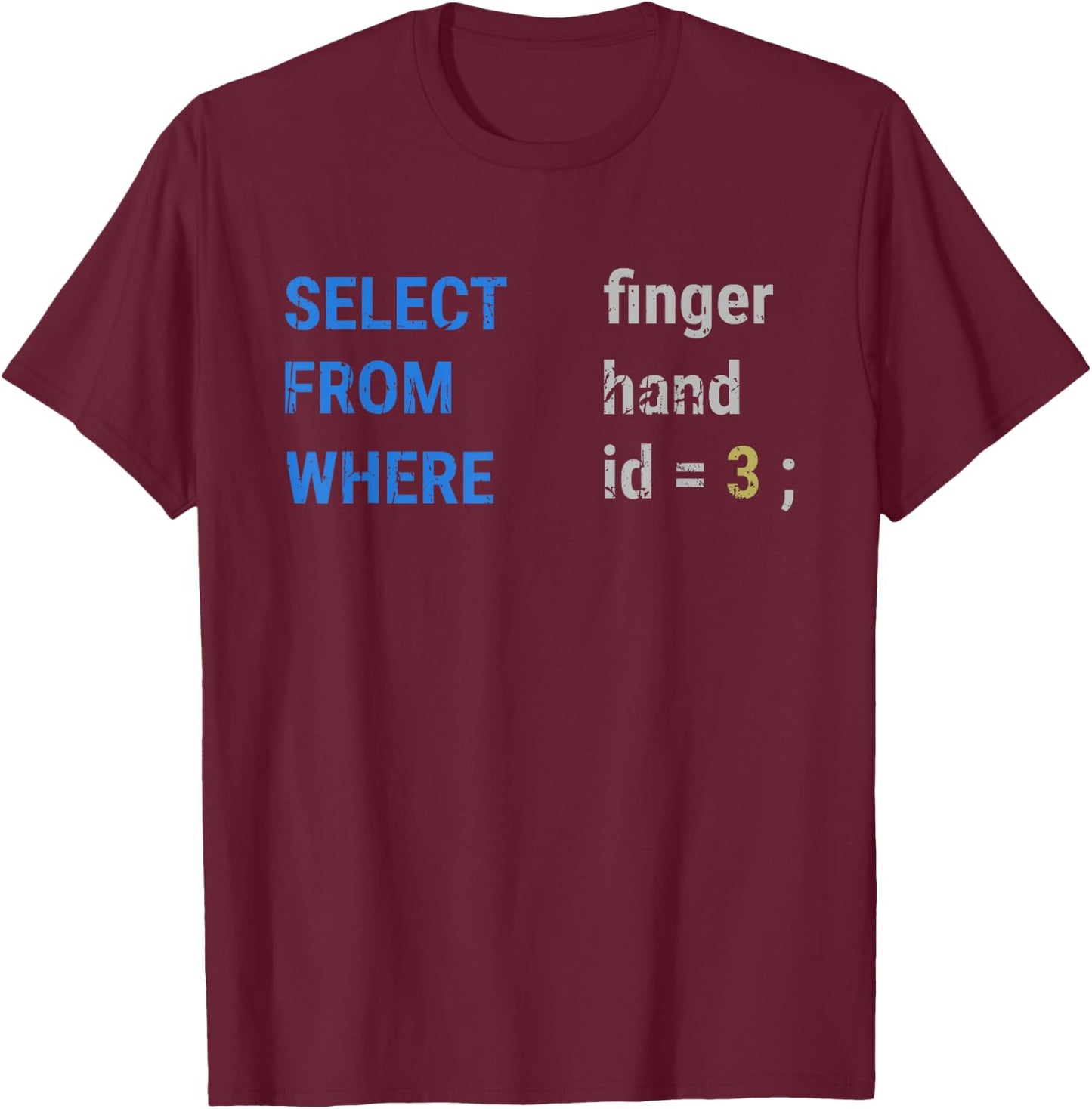 Select finger From hand Where id = 3; - Programming T-Shirt - T-Shirt | Maroon