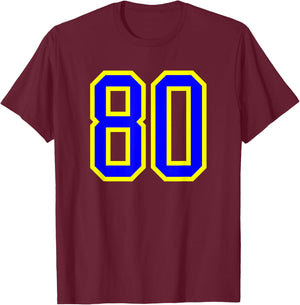 Jersey Number #80 Blue Yellow Birthday Sports Number 80 T-Shirt - T-Shirt | Maroon
