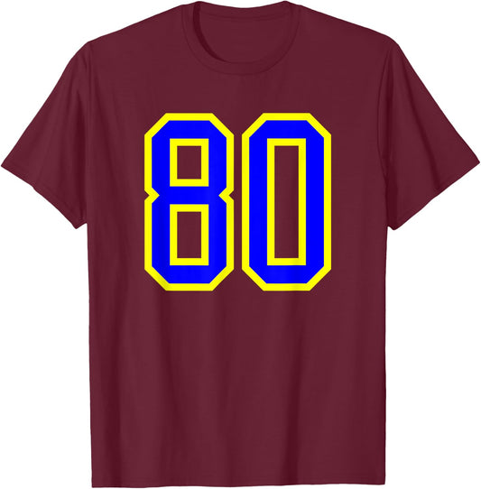 Jersey Number #80 Blue Yellow Birthday Sports Number 80 T-Shirt - T-Shirt | Maroon