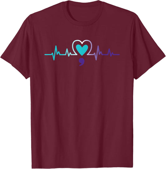 Heartbeat Semicolon Suicide Prevention Mental Awareness Week T-Shirt - T-Shirt | Maroon