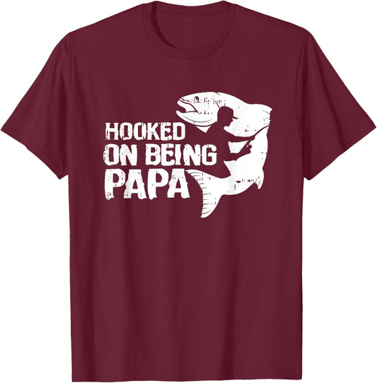 Hooked On Being Papa Fathers Day Fishing Dad Papa Men T-Shirt - T-Shirt | Maroon