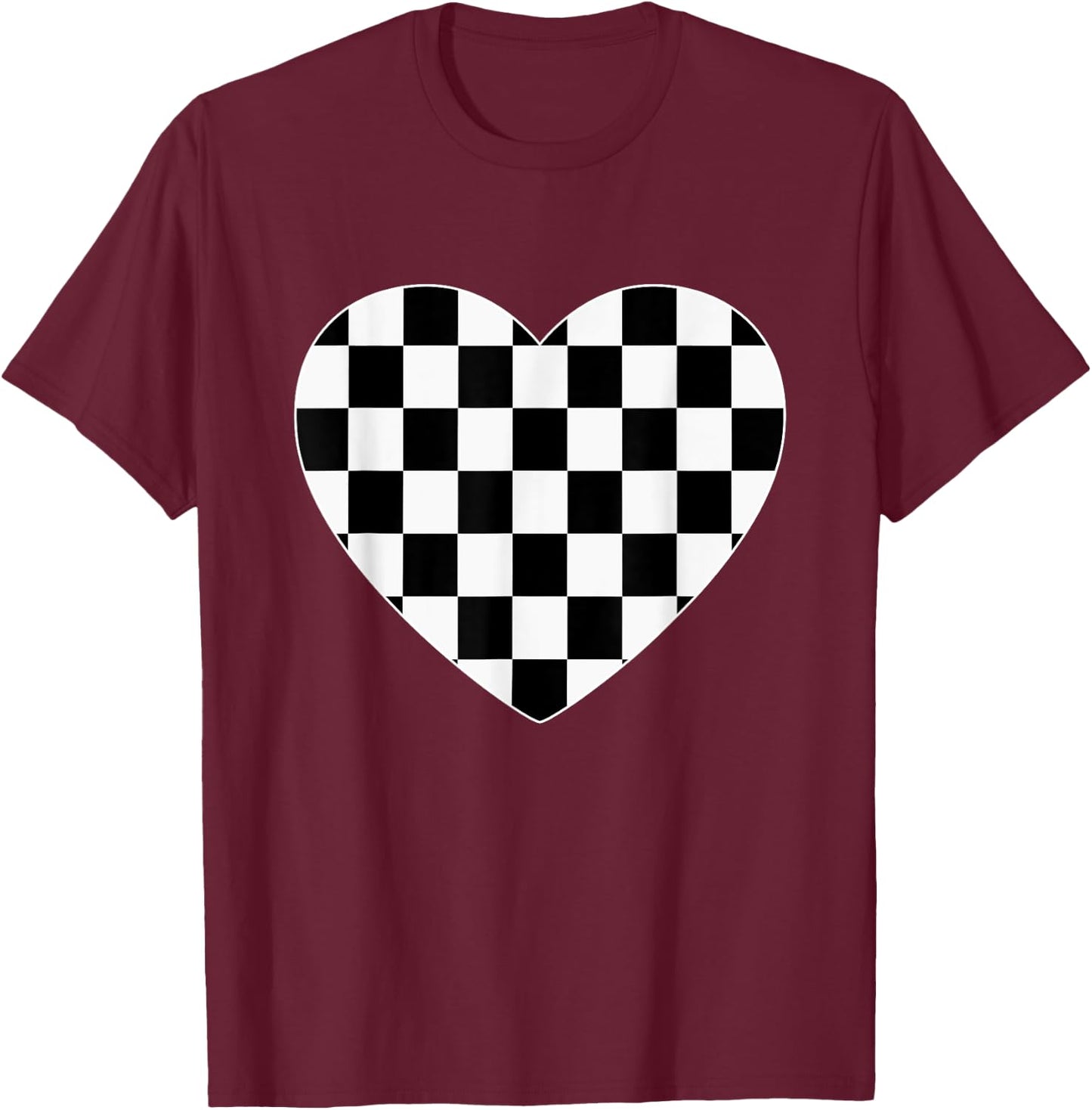 Checkered Love Heart Black White Cute Chess Game Women Men T-Shirt - T-Shirt | Maroon