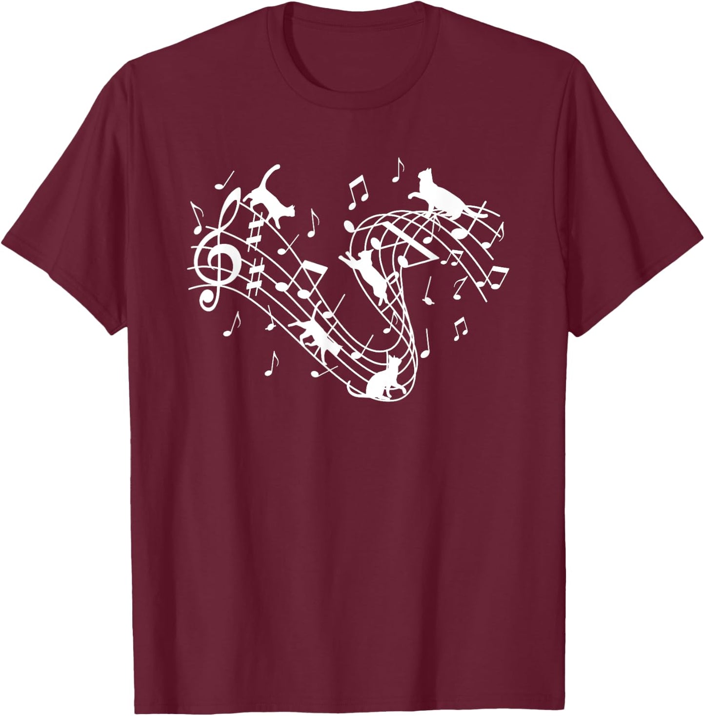 Cute Cat Lover Kitty Playing Music Note Clef Musician Music Men Women Girls Kids T-Shirt - T-Shirt | Maroon