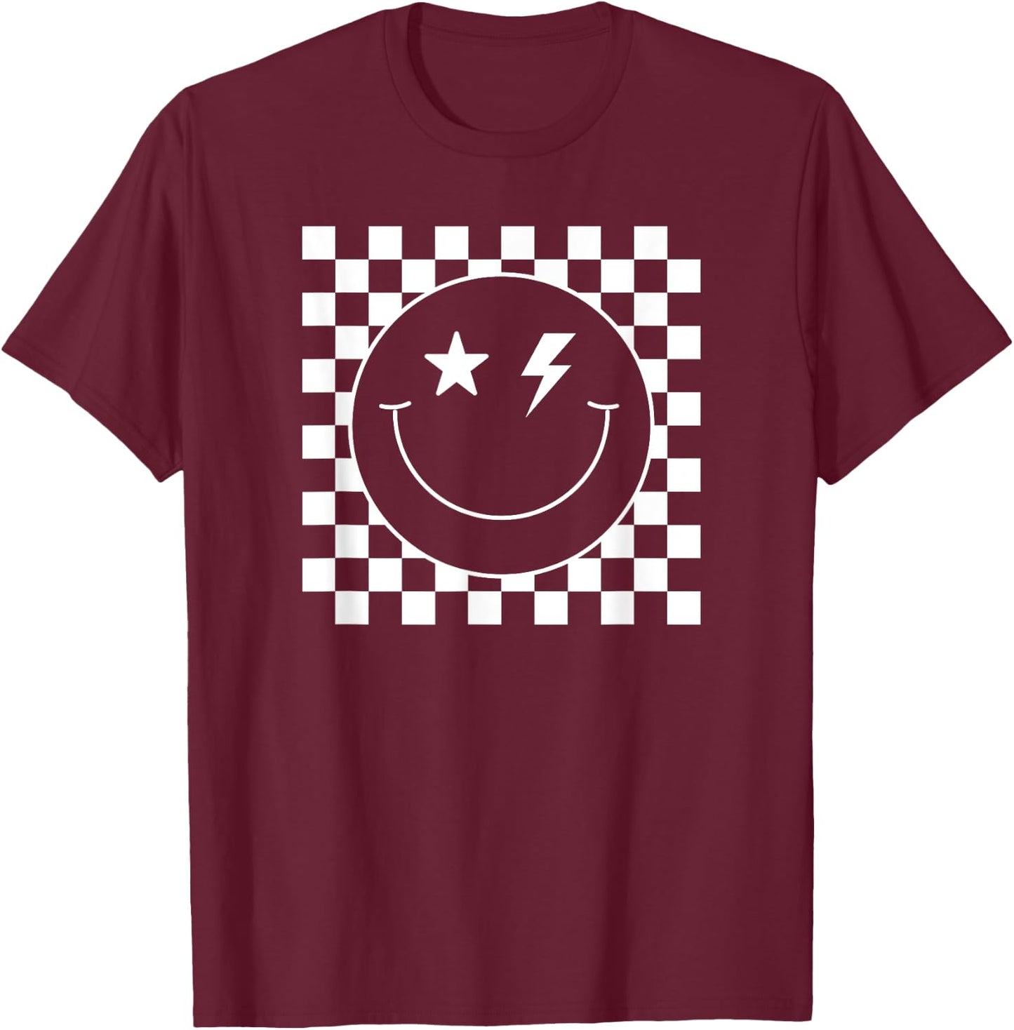 Checkered Lightning Eyes Smile Face Shirt Happy Face Cute T-Shirt - T-Shirt | Maroon