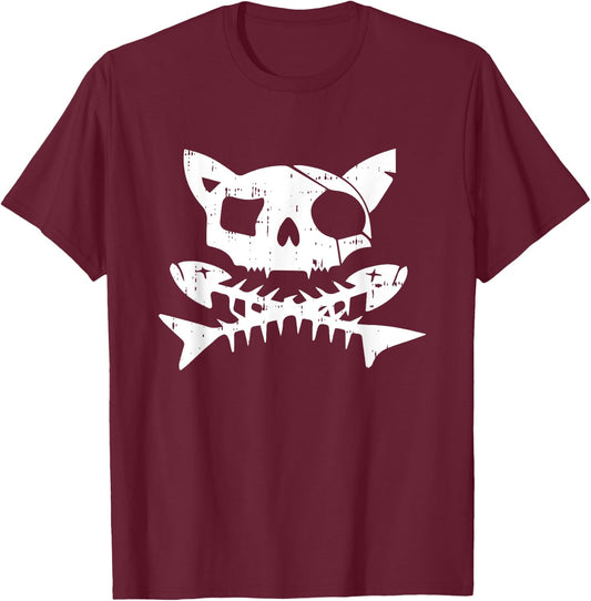 Cat Pirate Halloween Costume Scary Skull And Crossbone Men Women Kids T-Shirt - T-Shirt | Maroon