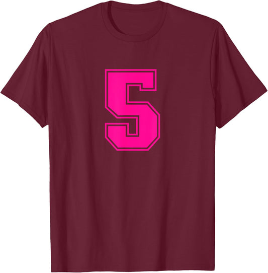 Number #5 Pink Sports Fan Jersey Number T-Shirt - T-Shirt | Maroon