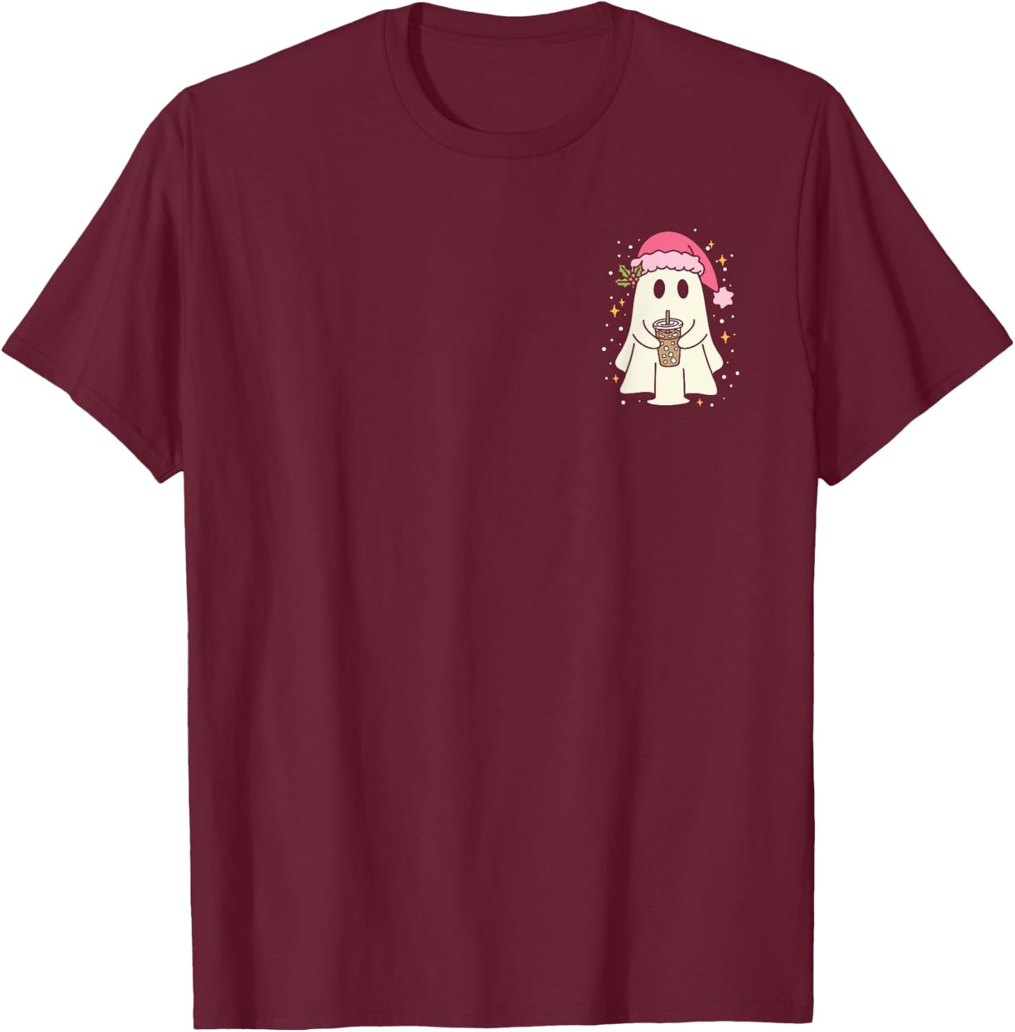 Cute Christmas Ghost Iced Coffee T-Shirt - T-Shirt | Maroon