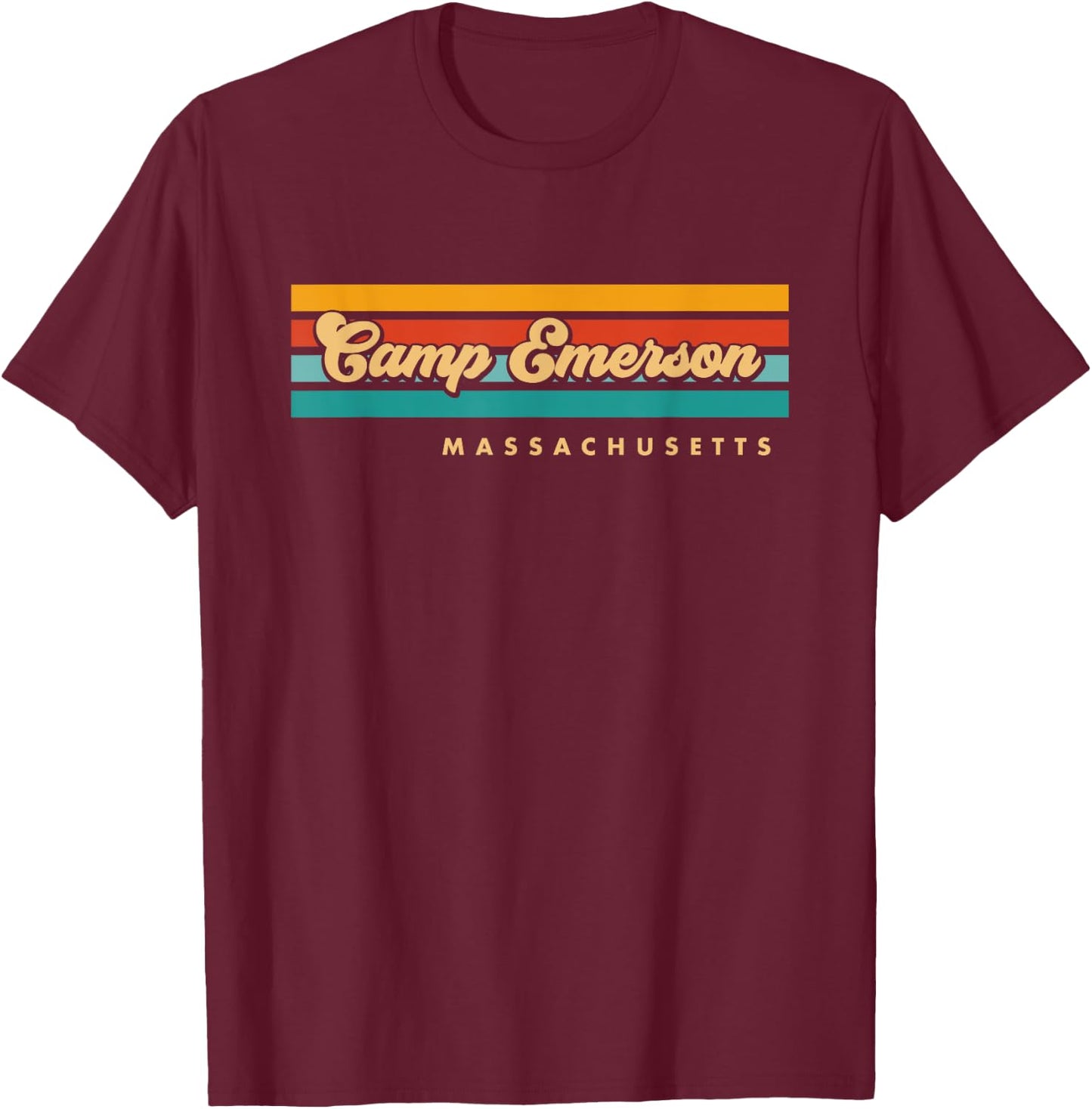 Vintage Sunset Stripes Camp Emerson, Massachusetts T-Shirt - T-Shirt | Maroon