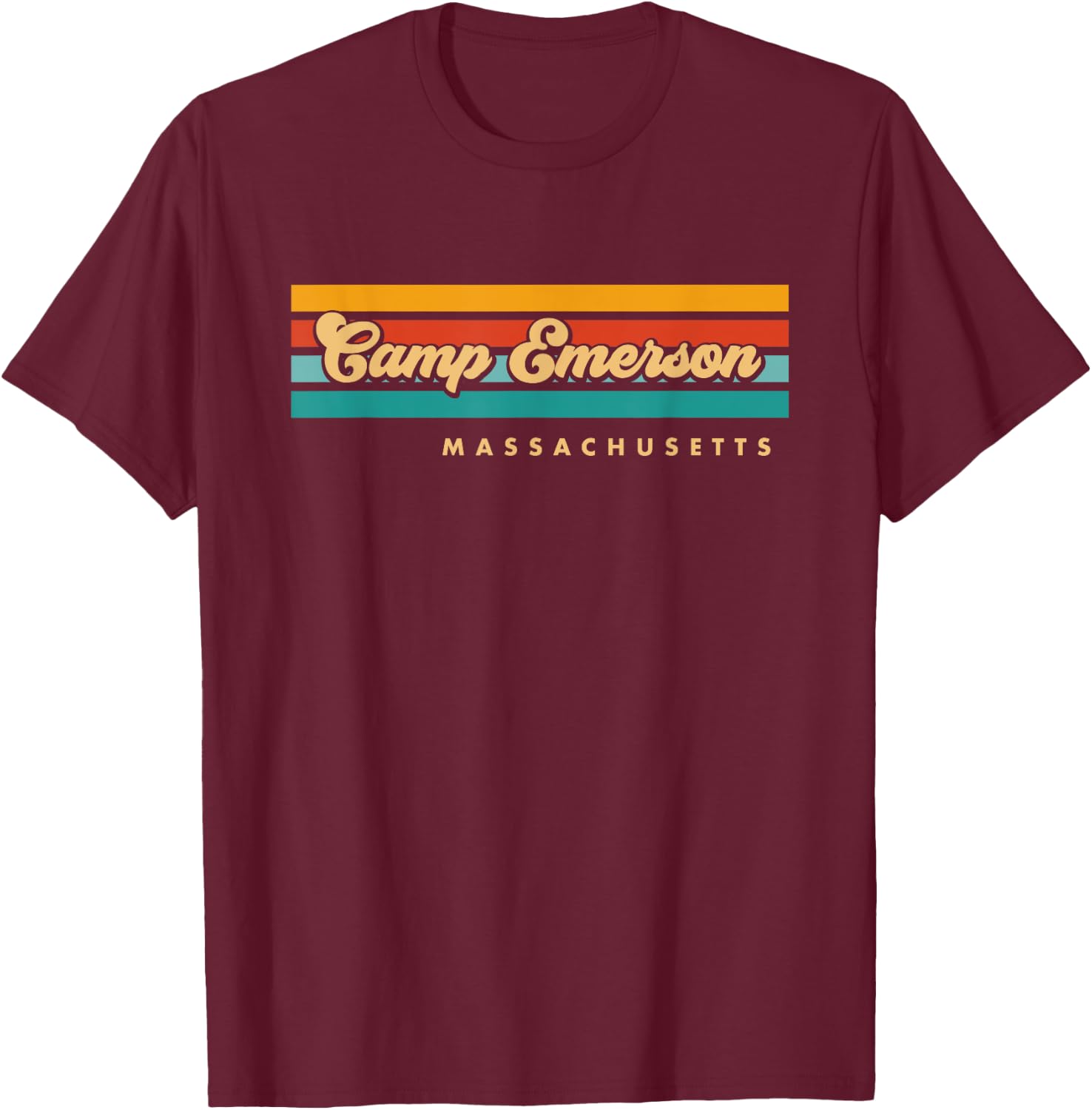 Vintage Sunset Stripes Camp Emerson, Massachusetts T-Shirt - T-Shirt | Maroon