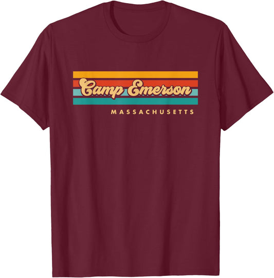 Vintage Sunset Stripes Camp Emerson, Massachusetts T-Shirt - T-Shirt | Maroon