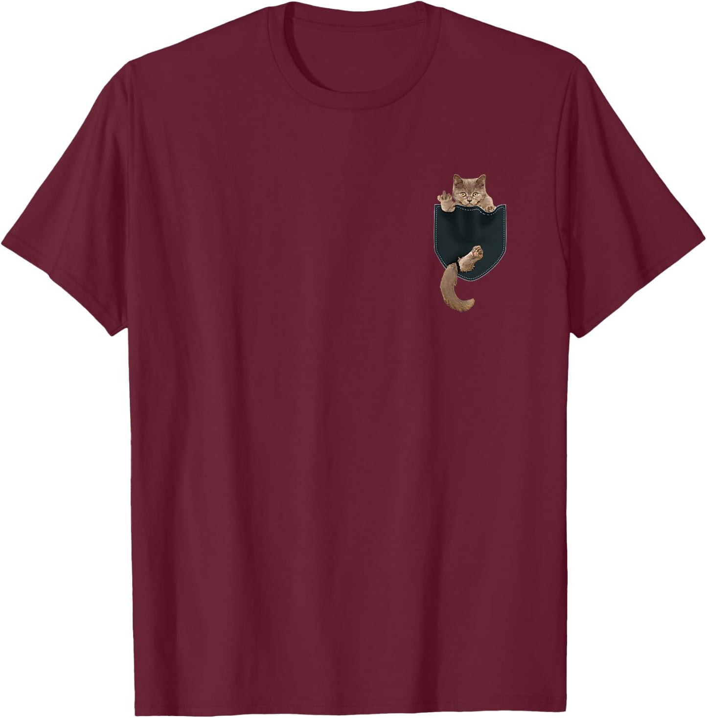 Funny Cat in Pocket - Cat Finger Pocket Small T-Shirt - T-Shirt | Maroon