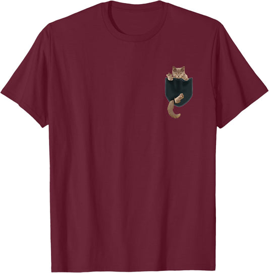 Funny Cat in Pocket - Cat Finger Pocket Small T-Shirt - T-Shirt | Maroon