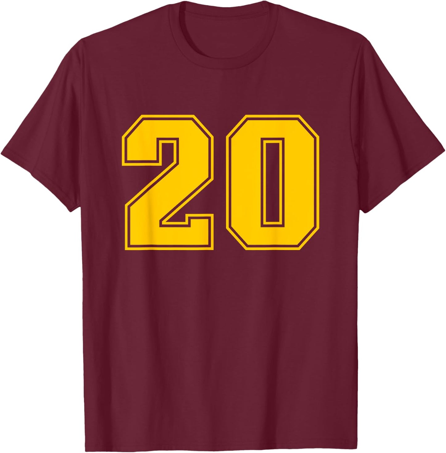 Number #20 Yellow Sports Fan Jersey Number T-Shirt - T-Shirt | Maroon