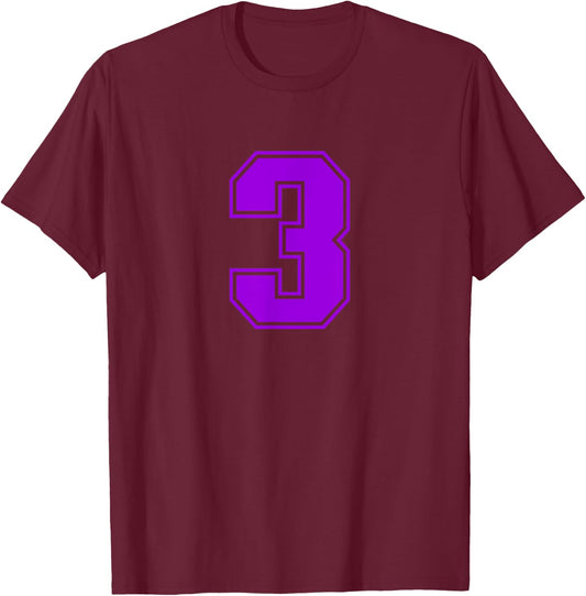 Number #3 Purple Sports Fan Jersey Number T-Shirt - T-Shirt | Maroon