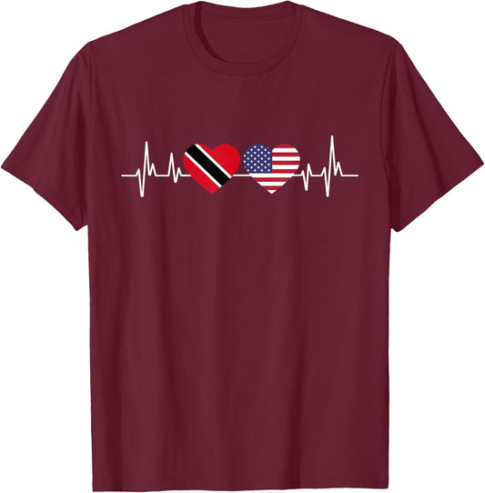 American Flag Heartbeat Trinidad And Tobago T-Shirt - T-Shirt | Maroon