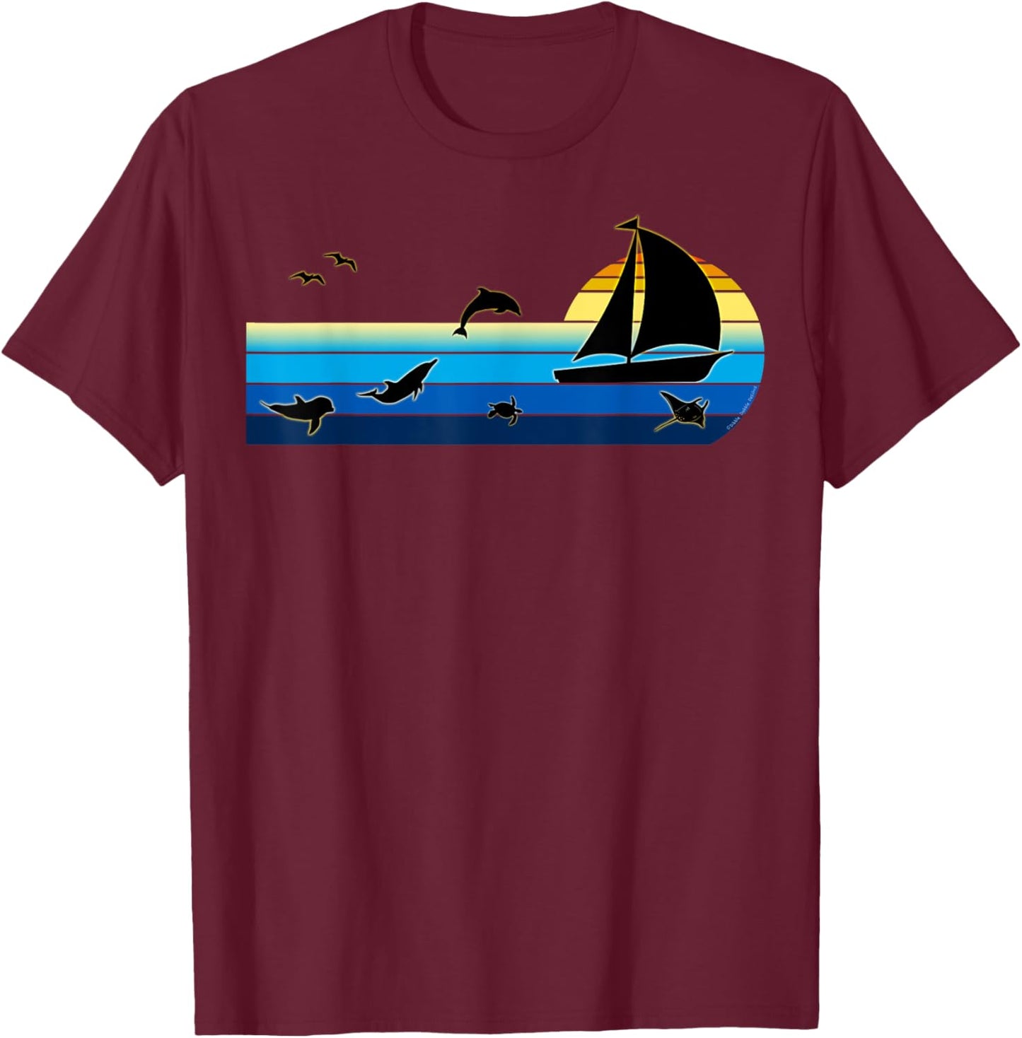 Nautical Sunrise Sailboat with Dolphins Beach Summer Sailing Women Kids T-Shirt - T-Shirt | Maroon