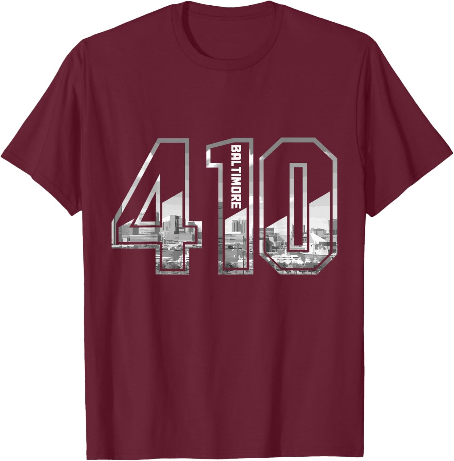 Baltimore Maryland 410 Area Code Pride Skyline Vintage T-Shirt - T-Shirt | Maroon