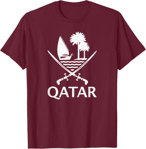 Qatar Flag Qatari Emblem Arms T-Shirt - T-Shirt | Maroon