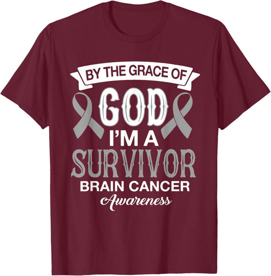 I’m A Survivor Brain Cancer Awareness Gray Ribbon Christian T-Shirt - T-Shirt | Maroon