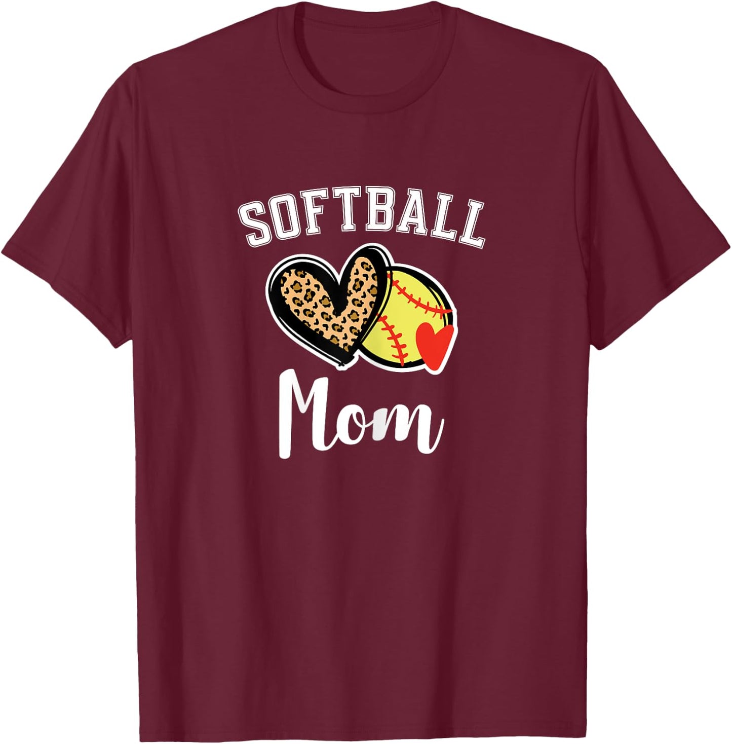 Softball Mom Leopard Heart T-Shirt - T-Shirt | Maroon