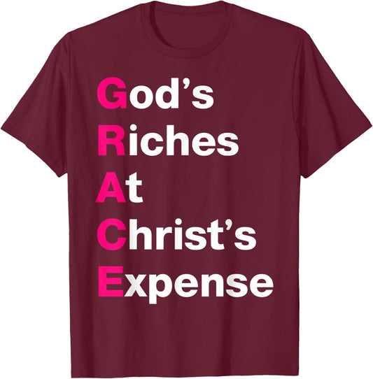 GRACE God’s Riches At Christ’s Expense Pink & White T-Shirt - T-Shirt | Maroon