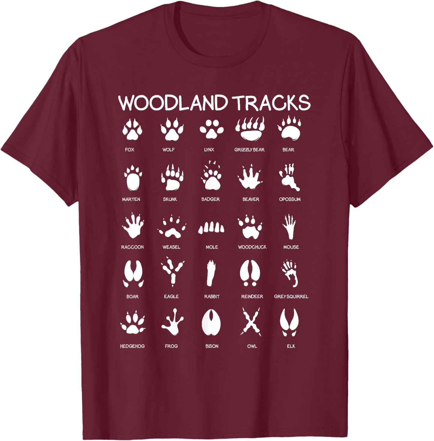 Nature Explorer Animal Track Paws Hunt Designs Animal Track Footprints Woodland Theme Nursery House Decor Illustration T-Shirt - T-Shirt | Maroon