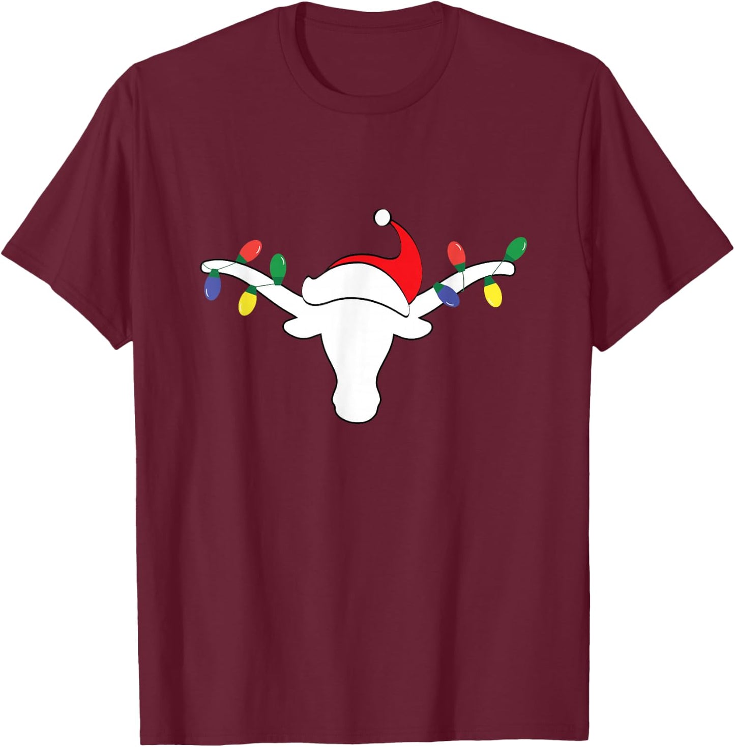 White Longhorn Christmas Lights Santa hat Horn Antlers T-Shirt - T-Shirt | Maroon