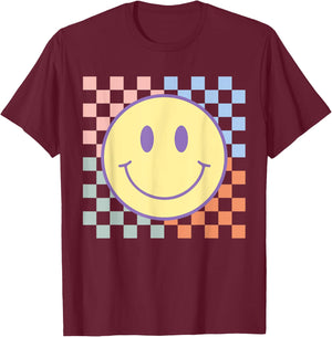 Retro Happy Face Shirt Checkered Pattern Smile Face Trendy T-Shirt - T-Shirt | Maroon