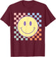 Retro Happy Face Shirt Checkered Pattern Smile Face Trendy T-Shirt - T-Shirt | Maroon
