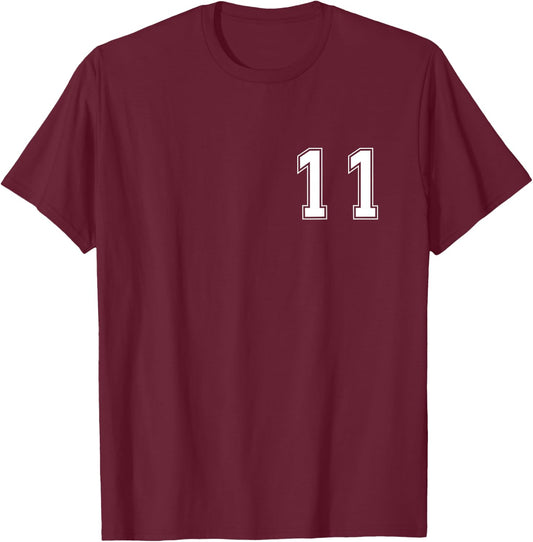 White Number 11 Team Junior Sports Numbered Uniform T-Shirt - T-Shirt | Maroon