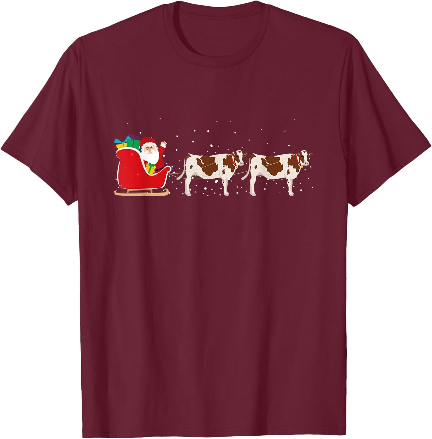 Cow Santa Christmas Sleigh - Funny Cow Xmas T-Shirt - T-Shirt | Maroon