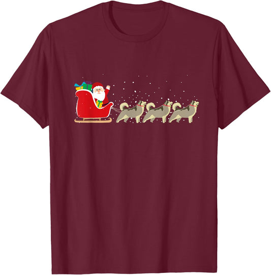 Husky Santa Christmas Sleigh - Funny Husky Xmas T-Shirt - T-Shirt | Maroon