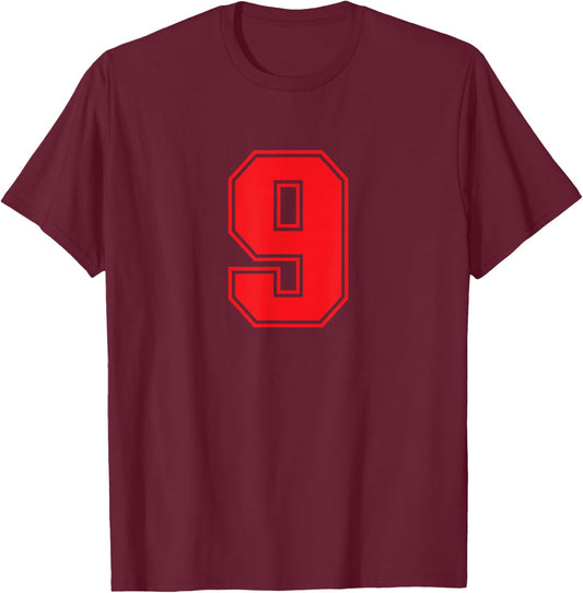Red Sports Team Number 9 T-Shirt - T-Shirt | Maroon