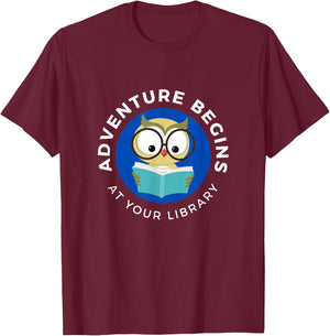 Adventure Begins Here Summer Reading 2024- Owl reading T-Shirt - T-Shirt | Maroon