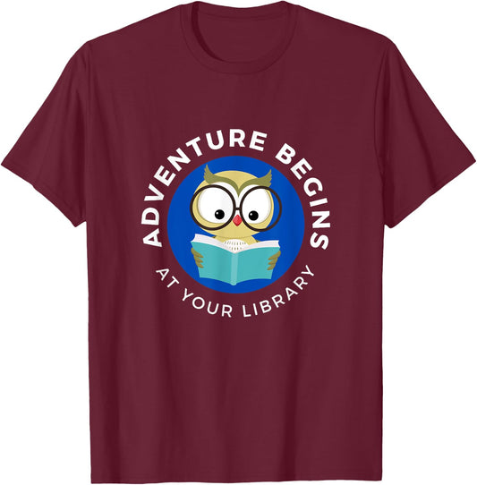Adventure Begins Here Summer Reading 2024- Owl reading T-Shirt - T-Shirt | Maroon