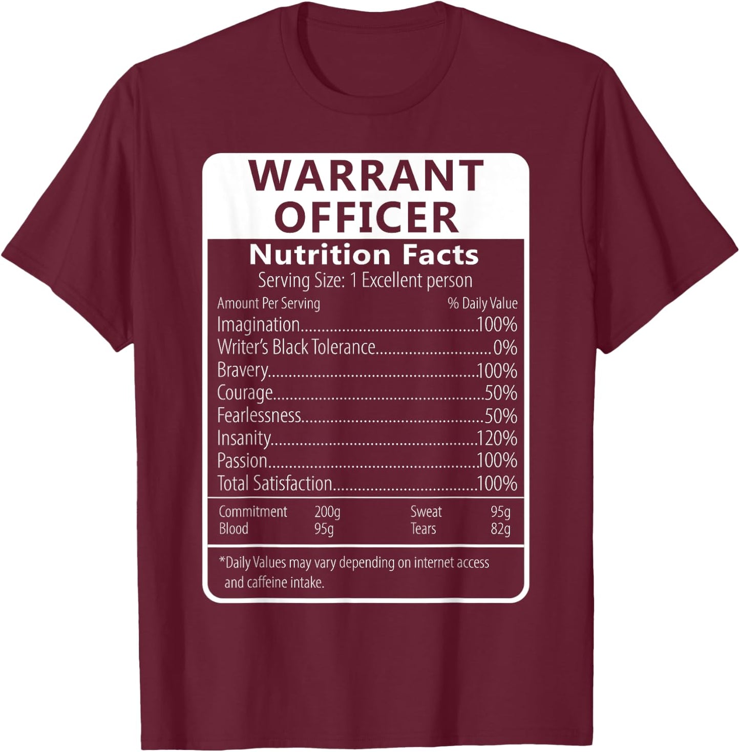 WARRANT OFFICER Nutrition Facts Sarcastic T-Shirt - T-Shirt | Maroon