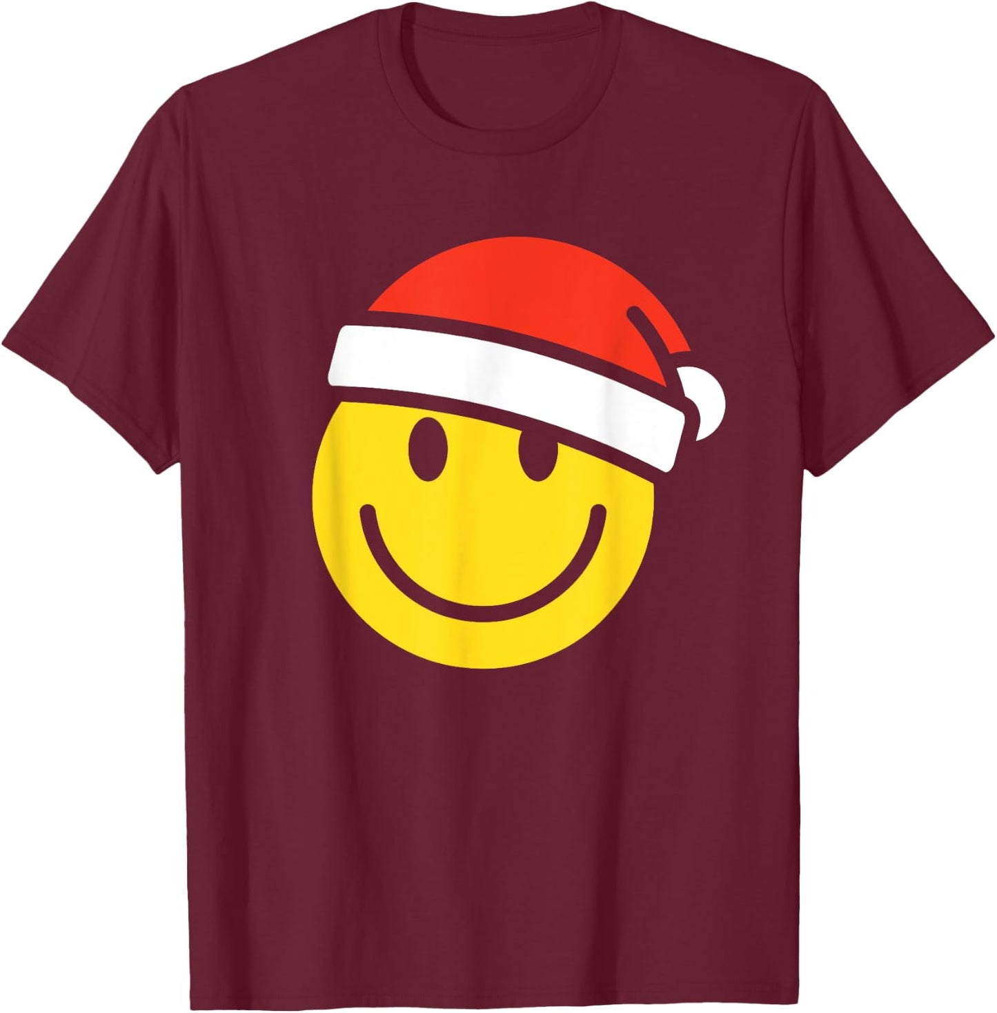 Yellow Smile Face Christmas Shirt Santa Hat Xmas Happy Face T-Shirt - T-Shirt | Maroon