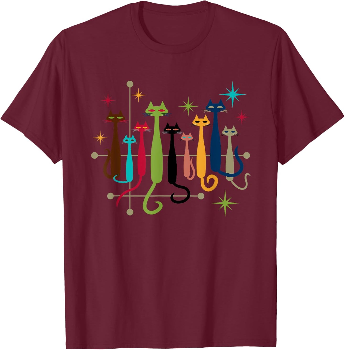 Mid-Century Modern Cats Vintage Retro MCM 1950s Style T-Shirt - T-Shirt | Maroon