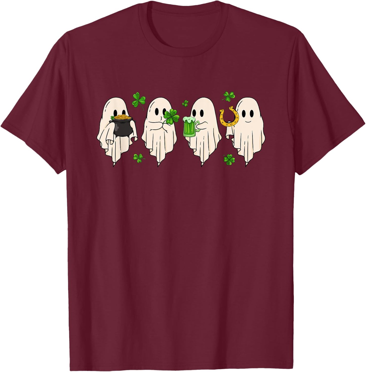 Cute Ghost Hold Clover Beer Spooky St Patrick's Day T-Shirt - T-Shirt | Maroon
