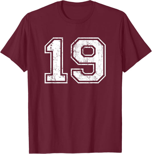 Number 19 Varsity Distressed Vintage Sports Team Practice T-Shirt - T-Shirt | Maroon