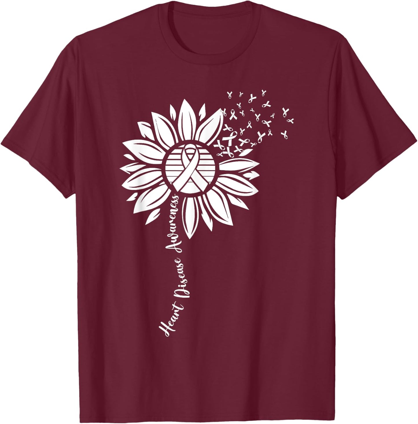 Heart Disease Awareness Month Sunflower Ribbon T-Shirt - T-Shirt | Maroon