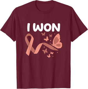 Peach Ribbon For Endometrial Cancer Awareness I Won! Endometrial Cancer Survivor. Butterflies Version Women's Black Cotton Polyester Blend Classic Fit Short Sleeve - Small T-Shirt - T-Shirt | Maroon