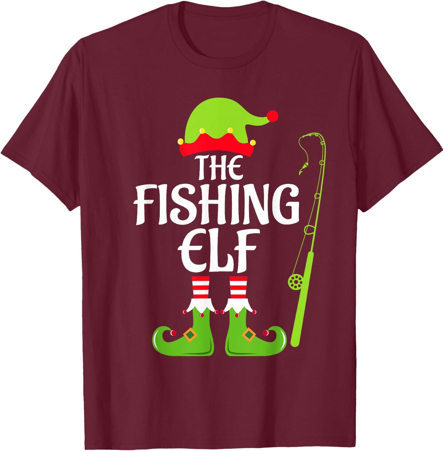 Fishing Elf Matching Family Group Christmas Party Xmas Funny T-Shirt - T-Shirt | Maroon