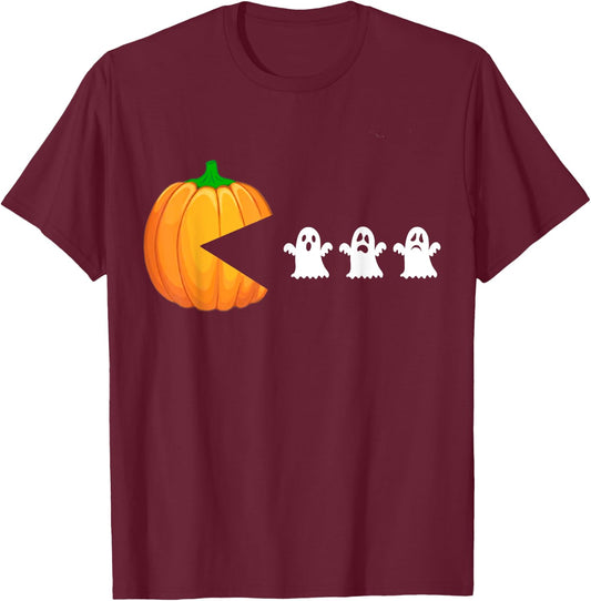 Funny Halloween Pumpkin Eating Ghost, Gamer Men Women Kids T-Shirt - T-Shirt | Maroon