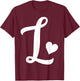 white letter L monogram initial minimalist heart graphic T-Shirt - T-Shirt | Maroon