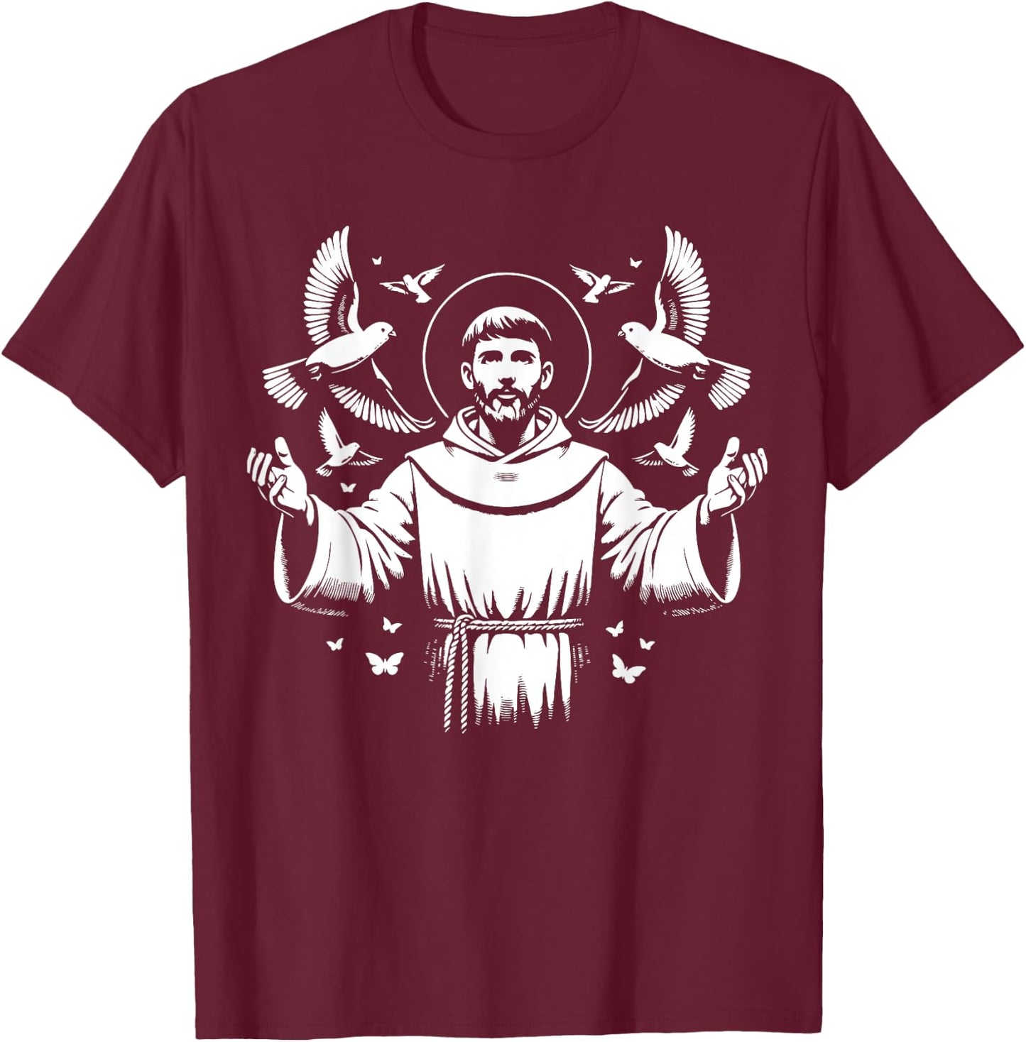 St Francis of Assisi Patron Saint of Animals Birds Catholic T-Shirt - T-Shirt | Maroon