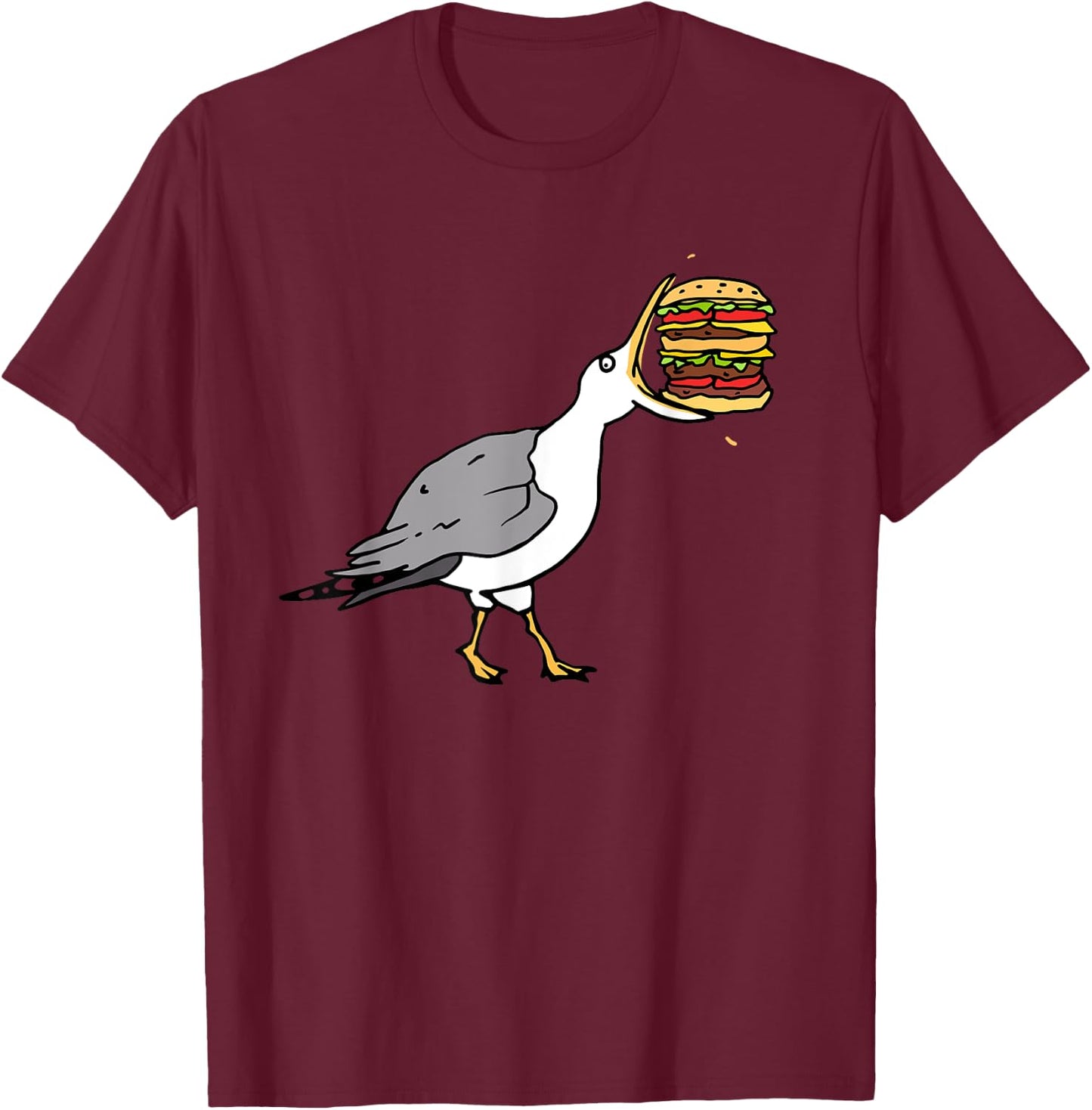 Funny Animal Bird Seagull with Burger Hungry Food Art T-Shirt - T-Shirt | Maroon