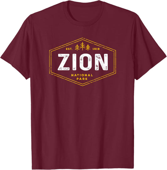 Zion National Park Shirt Vintage Utah Hexagon Badge Hiking T-Shirt - T-Shirt | Maroon