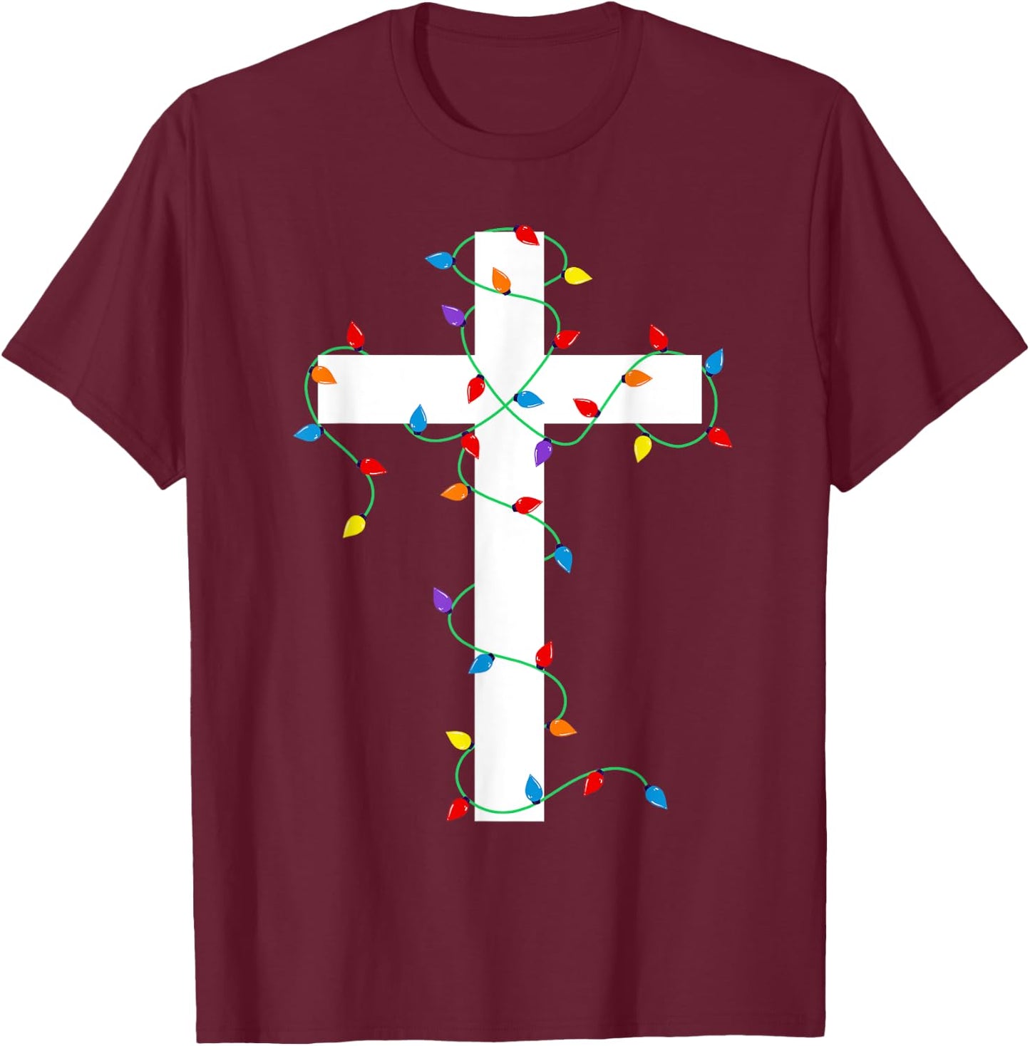 Merry and Bright Christmas Lights Jesus Cross Minimalist T-Shirt - T-Shirt | Maroon